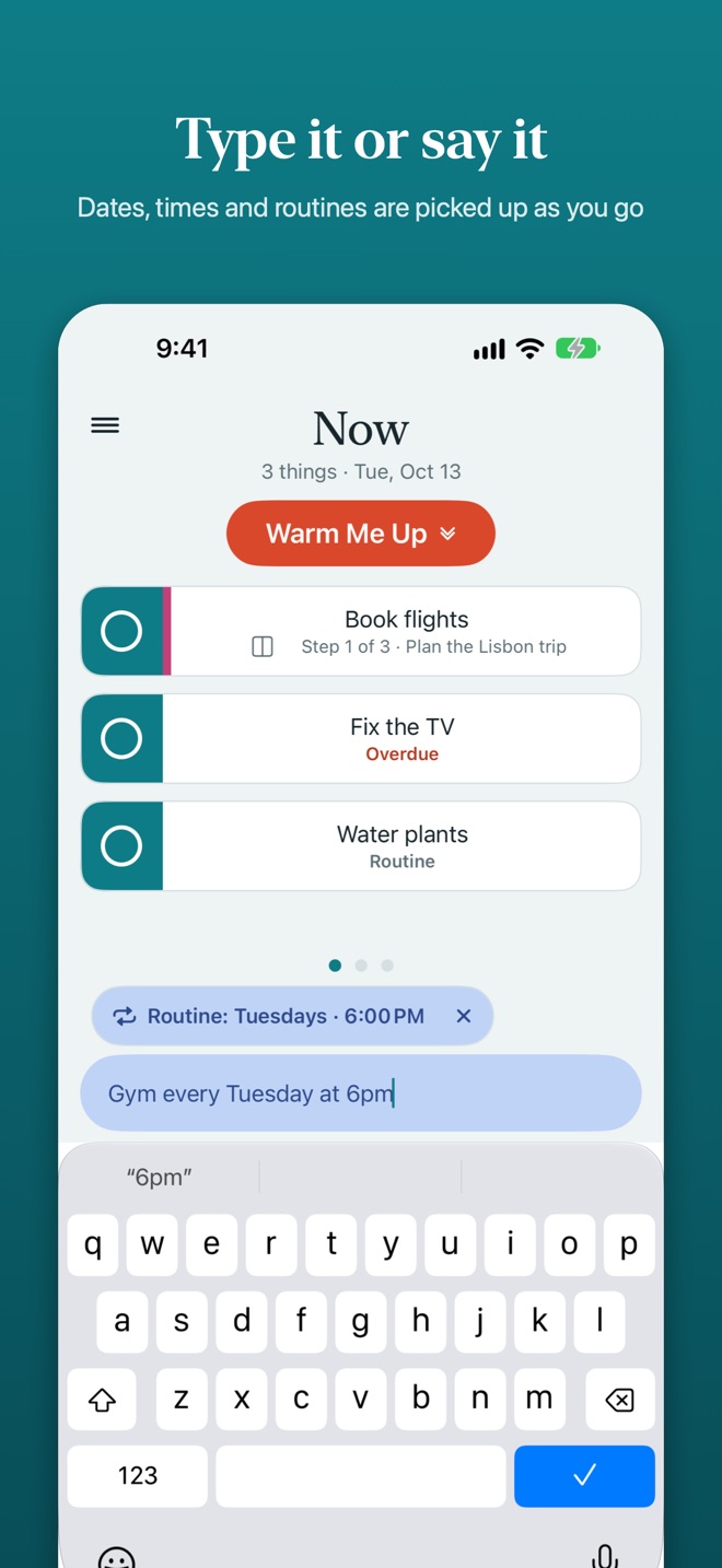 Typing “Gym every Tuesday at 6pm” in the capture bar, which shows it will be a routine on Tuesdays at 6:00 PM